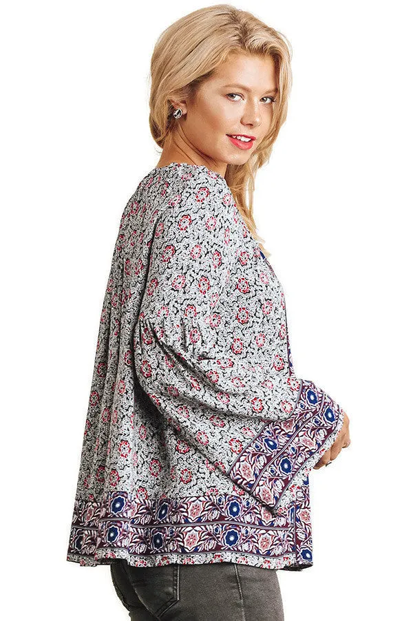 Floral Tassel Tie Peasant Top, Purple Mix