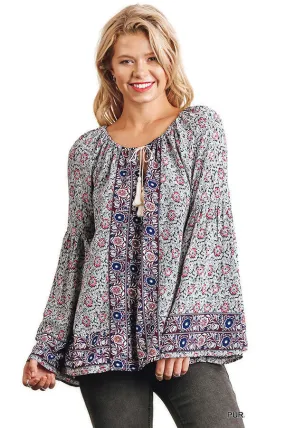 Floral Tassel Tie Peasant Top, Purple Mix