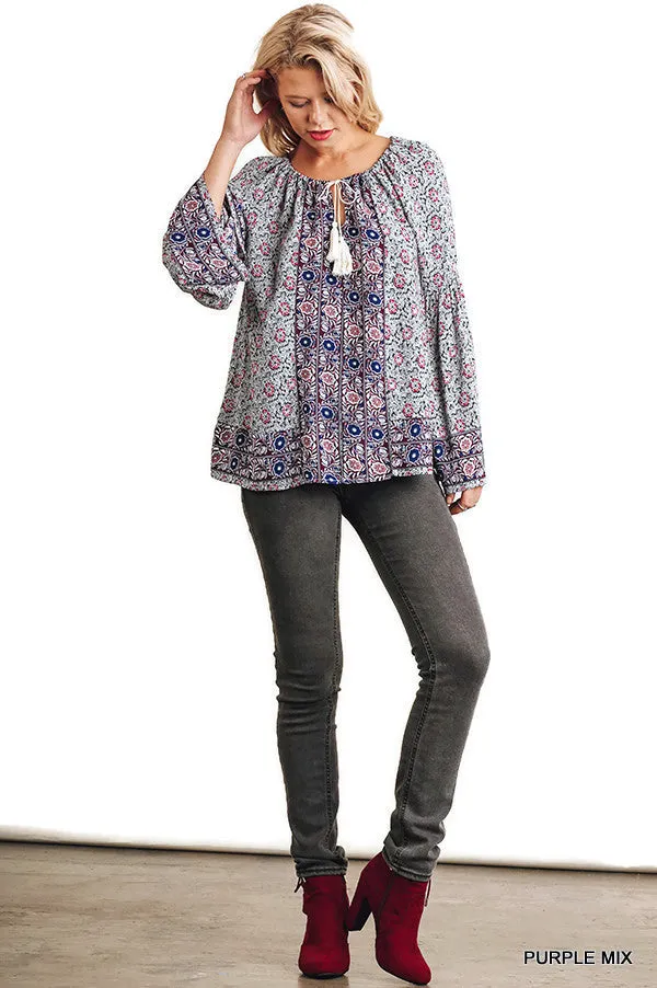 Floral Tassel Tie Peasant Top, Purple Mix