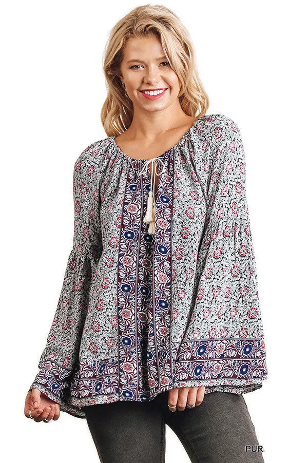 Floral Tassel Tie Peasant Top, Purple Mix