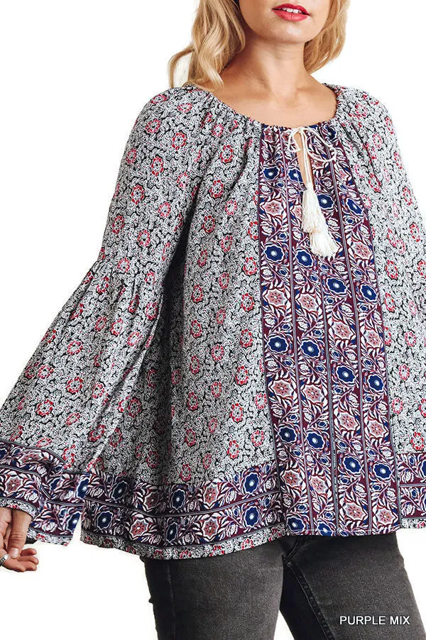 Floral Tassel Tie Peasant Top, Purple Mix