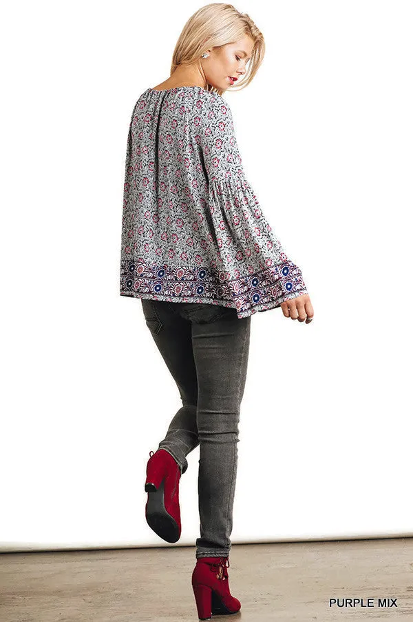 Floral Tassel Tie Peasant Top, Purple Mix