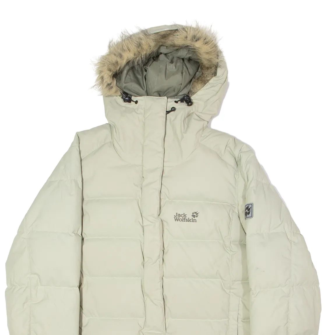 JACK WOLFSKIN Faux Fur Trim Womens Puffer Coat Beige Hooded UK 16