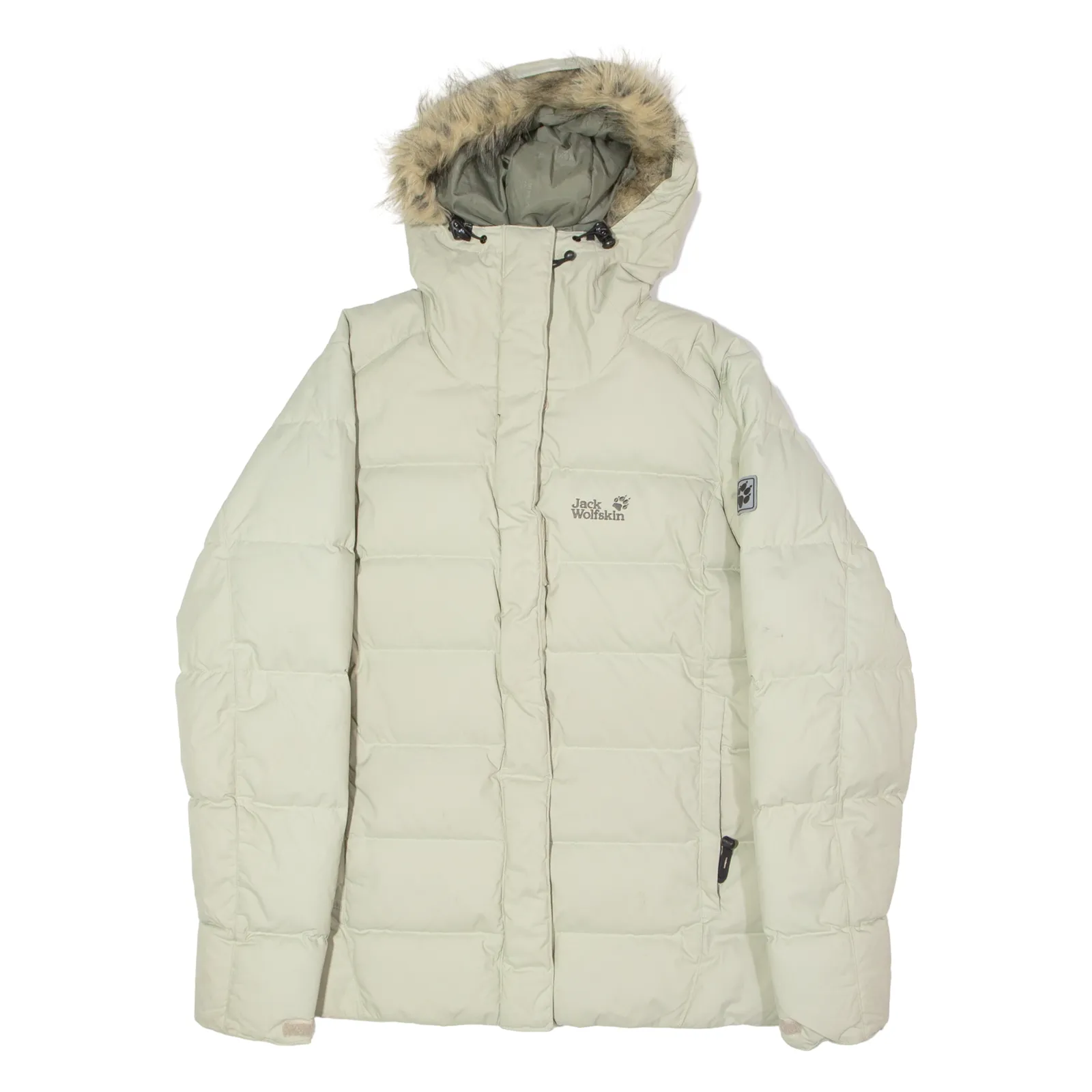 JACK WOLFSKIN Faux Fur Trim Womens Puffer Coat Beige Hooded UK 16