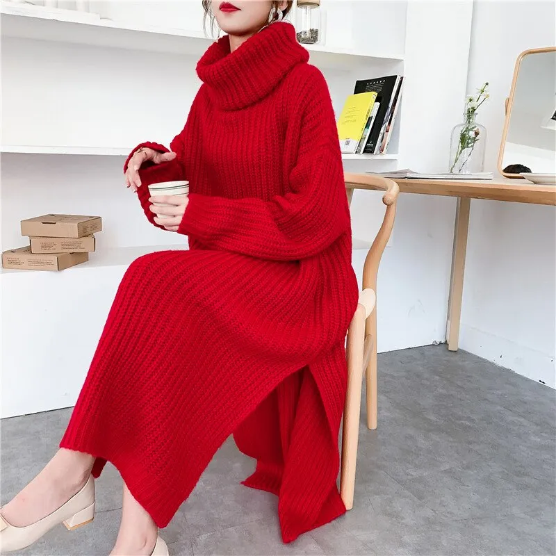 Joskaa Christmas Gift Mohair Autumn Winter Thick Long Sweater Dress Women Side Slit Turtleneck Low-high Design Over Knee Plus Size Knitted Dress