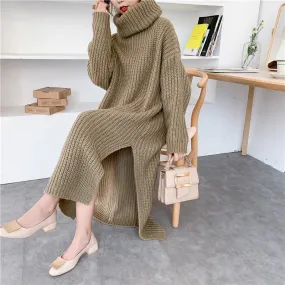 Joskaa Christmas Gift Mohair Autumn Winter Thick Long Sweater Dress Women Side Slit Turtleneck Low-high Design Over Knee Plus Size Knitted Dress