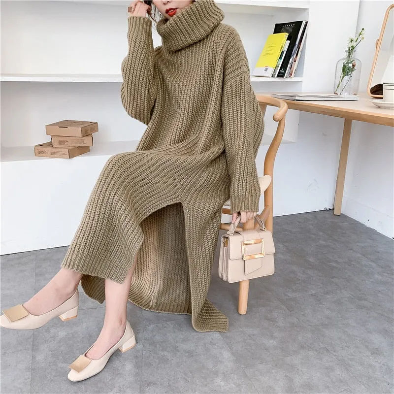 Joskaa Christmas Gift Mohair Autumn Winter Thick Long Sweater Dress Women Side Slit Turtleneck Low-high Design Over Knee Plus Size Knitted Dress