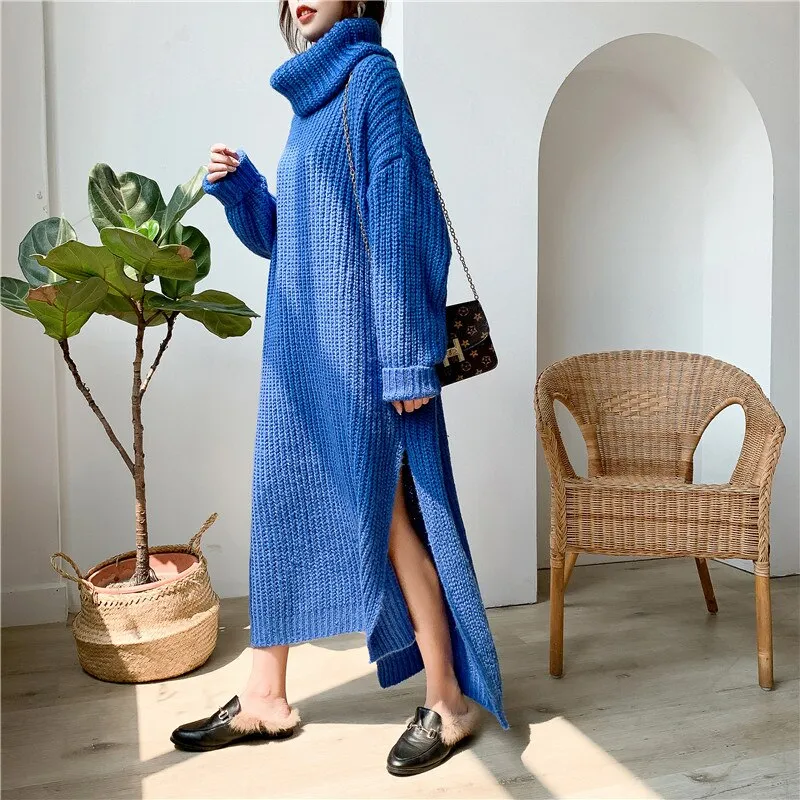 Joskaa Christmas Gift Mohair Autumn Winter Thick Long Sweater Dress Women Side Slit Turtleneck Low-high Design Over Knee Plus Size Knitted Dress