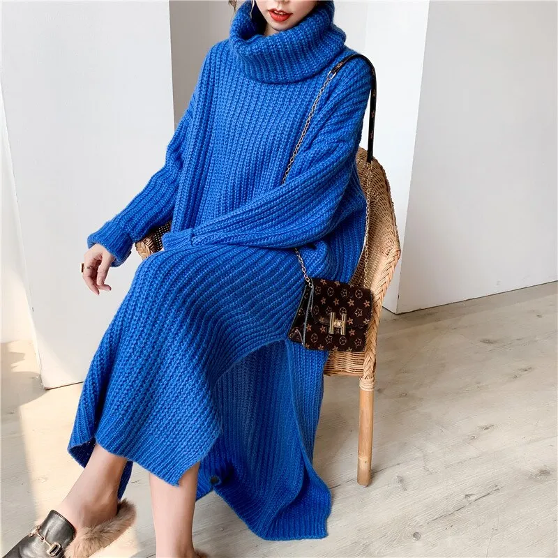 Joskaa Christmas Gift Mohair Autumn Winter Thick Long Sweater Dress Women Side Slit Turtleneck Low-high Design Over Knee Plus Size Knitted Dress