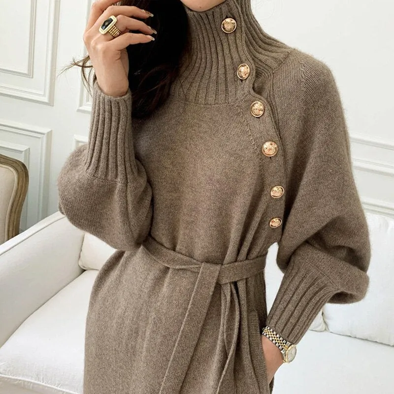 Joskaa Elegant Lady Belted Sweater Dresses Women Casual Long Sleeve Warm Party Dress Winter Turtleneck Button Loose Knitted Long Dress
