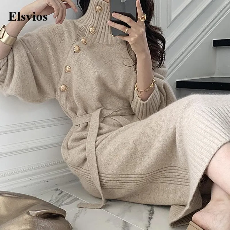 Joskaa Elegant Lady Belted Sweater Dresses Women Casual Long Sleeve Warm Party Dress Winter Turtleneck Button Loose Knitted Long Dress