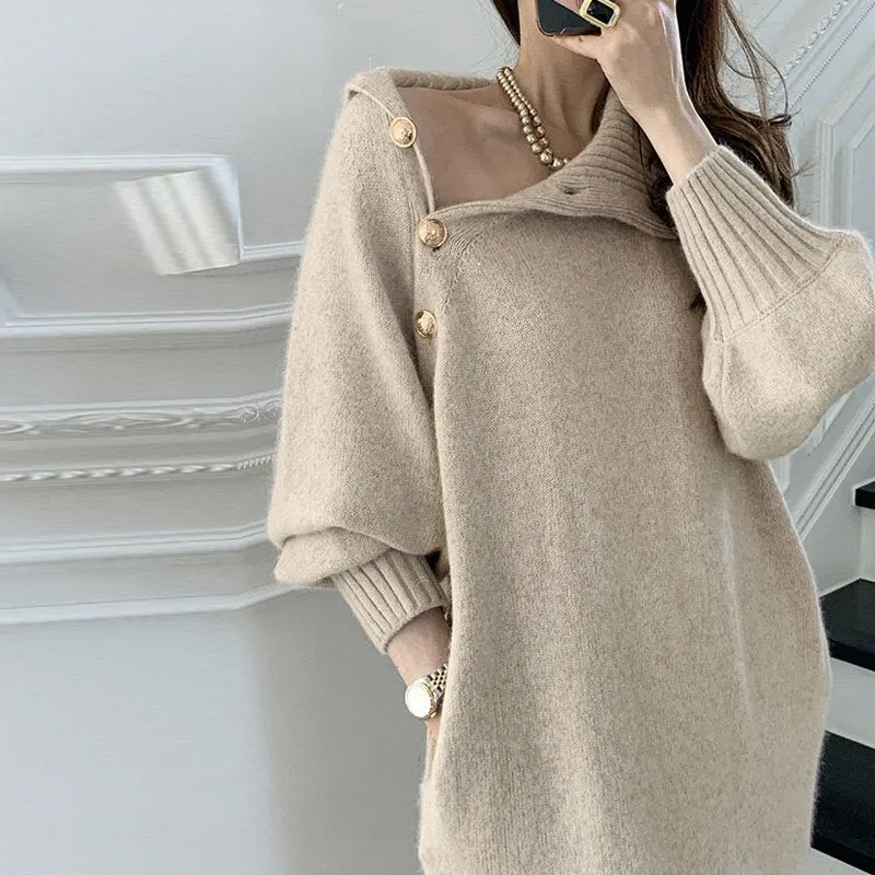 Joskaa Elegant Lady Belted Sweater Dresses Women Casual Long Sleeve Warm Party Dress Winter Turtleneck Button Loose Knitted Long Dress