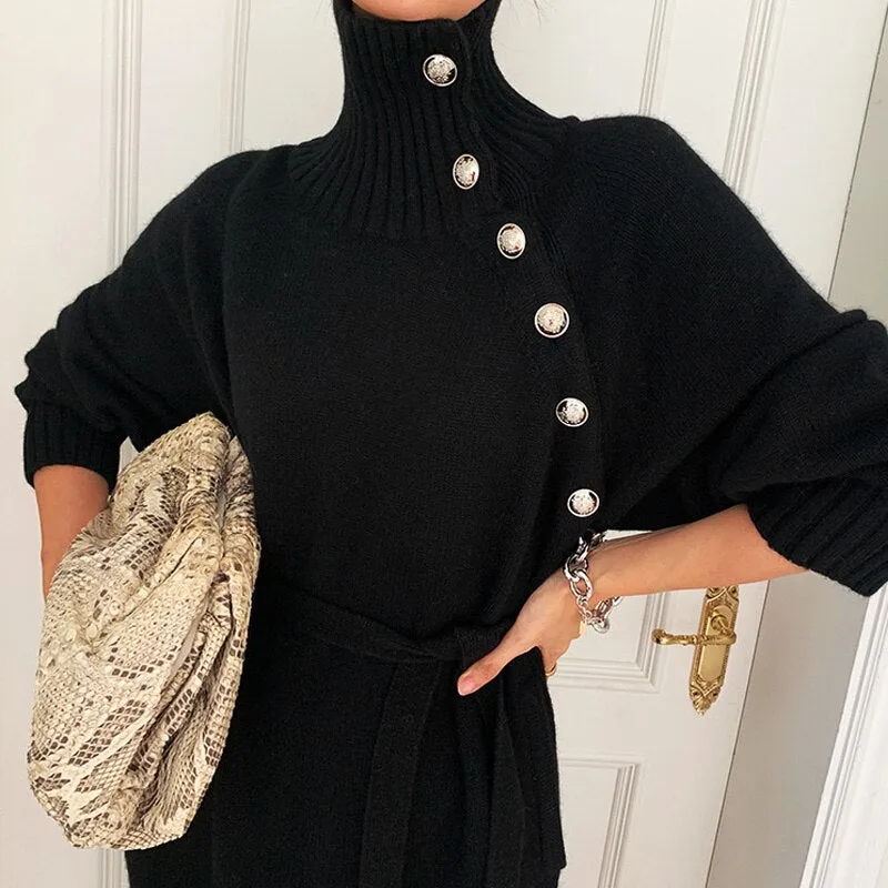 Joskaa Elegant Lady Belted Sweater Dresses Women Casual Long Sleeve Warm Party Dress Winter Turtleneck Button Loose Knitted Long Dress