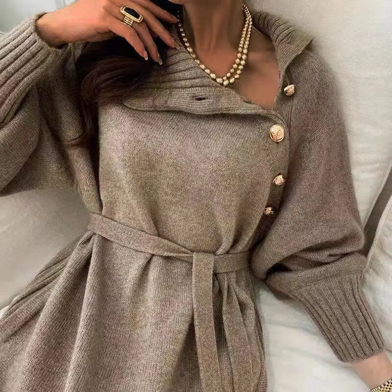 Joskaa Elegant Lady Belted Sweater Dresses Women Casual Long Sleeve Warm Party Dress Winter Turtleneck Button Loose Knitted Long Dress