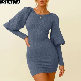 Joskaa hoco dresses Sweater Dress Lantern Sleeve Solid Color Autumn Winter Dresses for Women Casual 2024 Slim Fashion Mini Dress