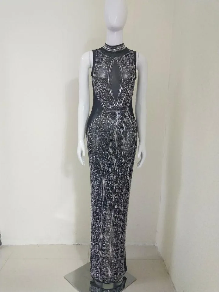 KittenAlarm - Barret Embellished Rhinestone Sheer Maxi Dress