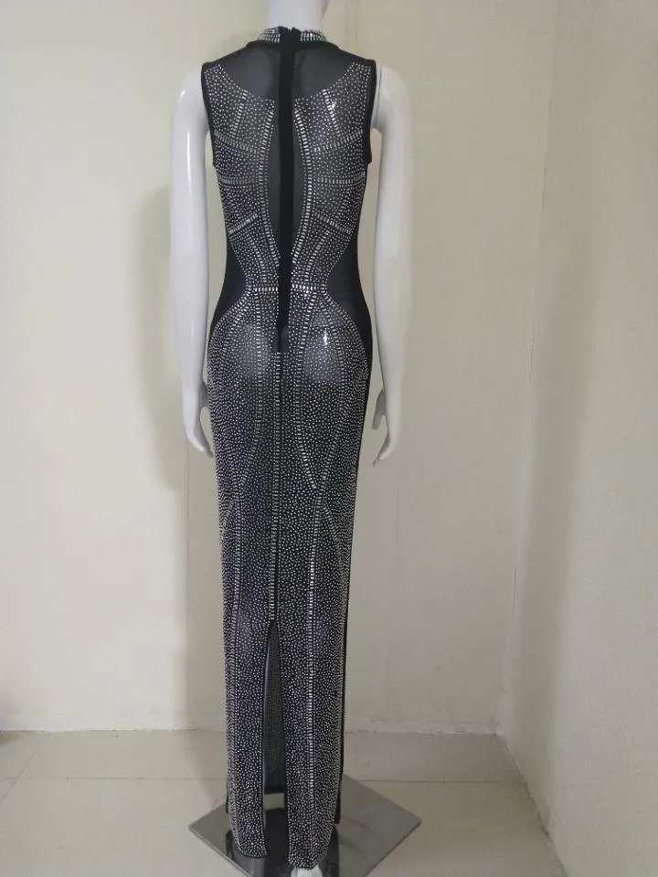KittenAlarm - Barret Embellished Rhinestone Sheer Maxi Dress