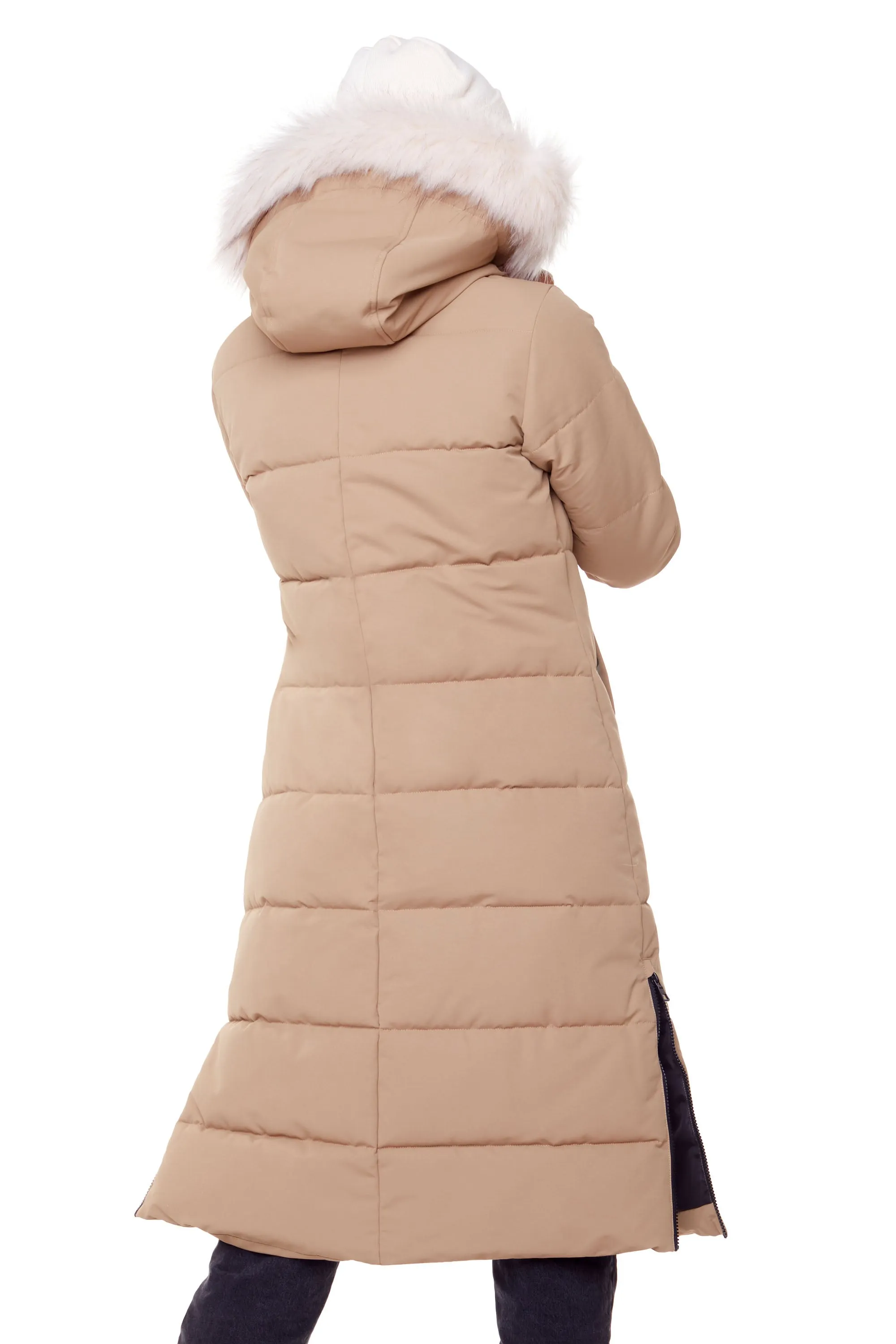 KLUANE | WOMEN'S VEGAN DOWN (RECYCLED) ULTRA LONG LENGTH PARKA, CAMEL