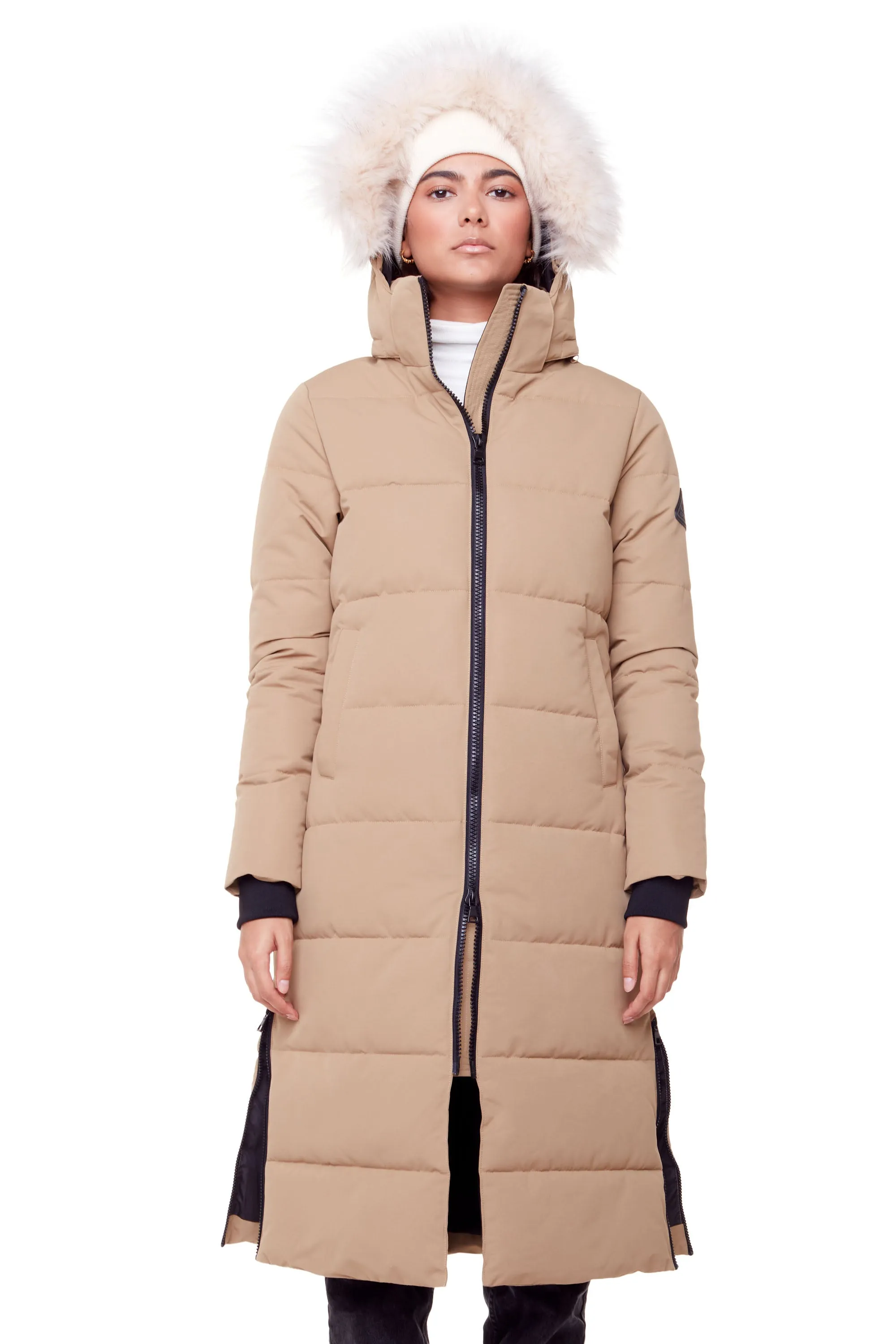 KLUANE | WOMEN'S VEGAN DOWN (RECYCLED) ULTRA LONG LENGTH PARKA, CAMEL
