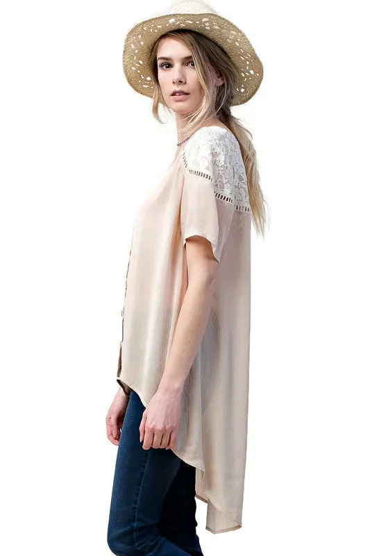 Lace Shoulder Blouse, Mocha