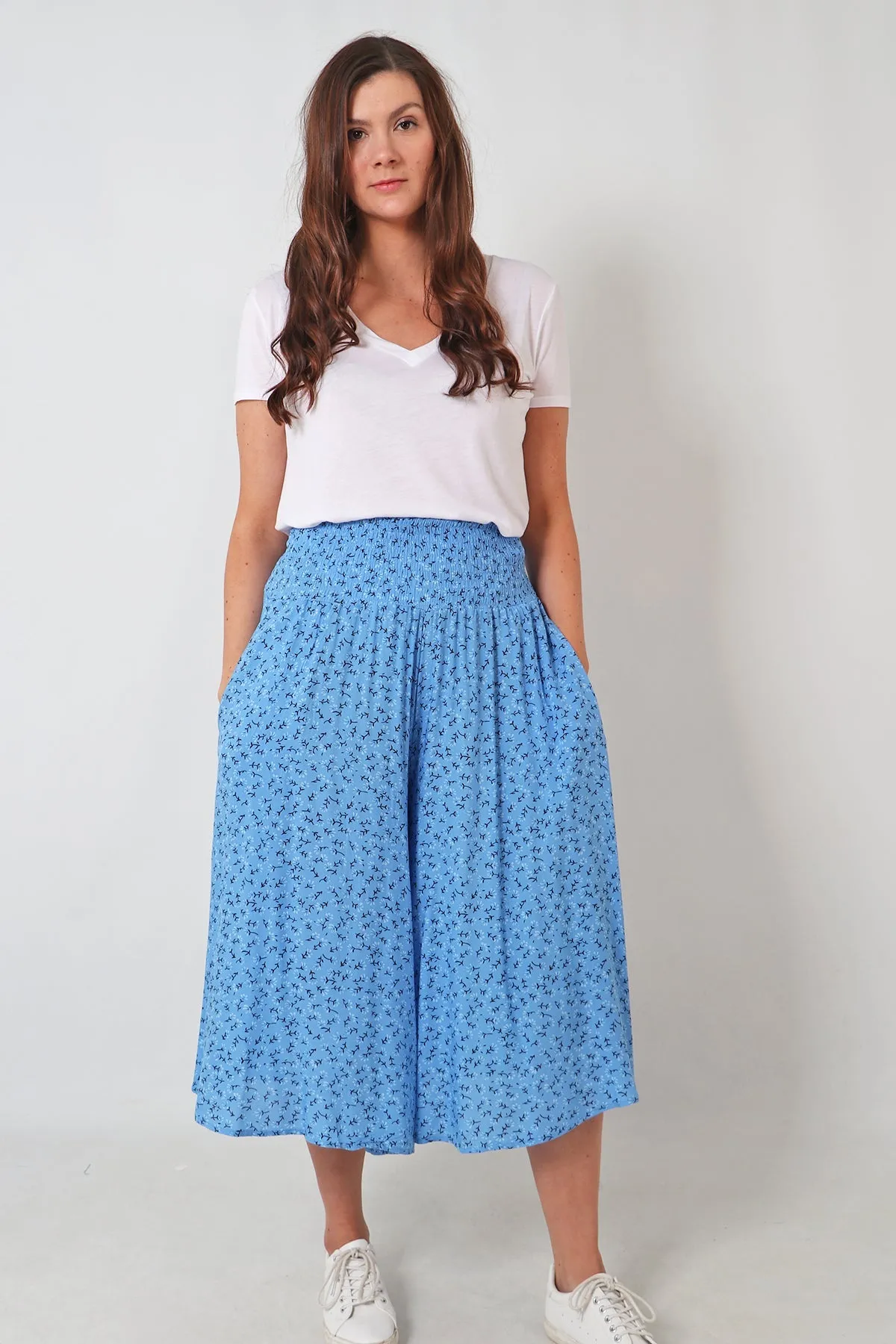 Light Blue Dainty Floral Spring Elasticated Waist Culottes
