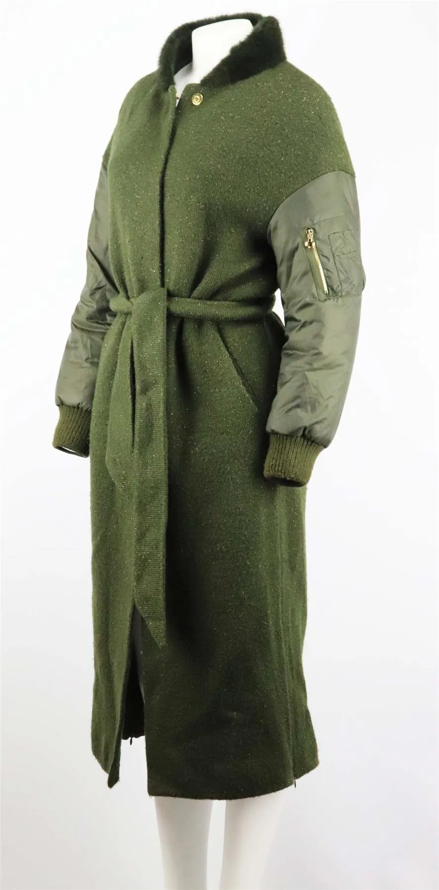 LILLY E VIOLETTA BELTED MINK TRIMMED WOOL KNIT COAT SMALL