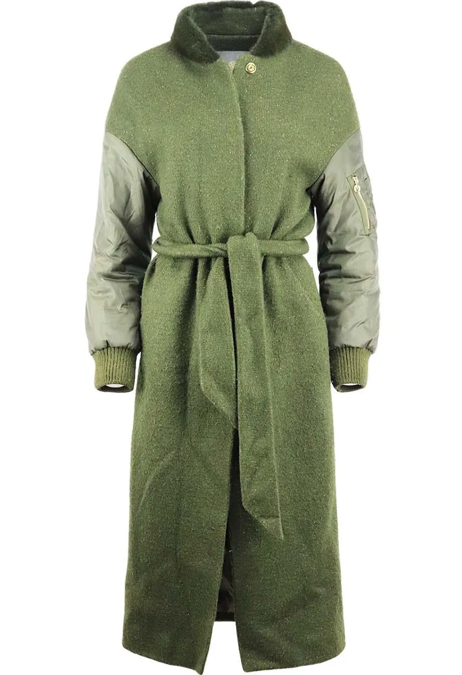 LILLY E VIOLETTA BELTED MINK TRIMMED WOOL KNIT COAT SMALL