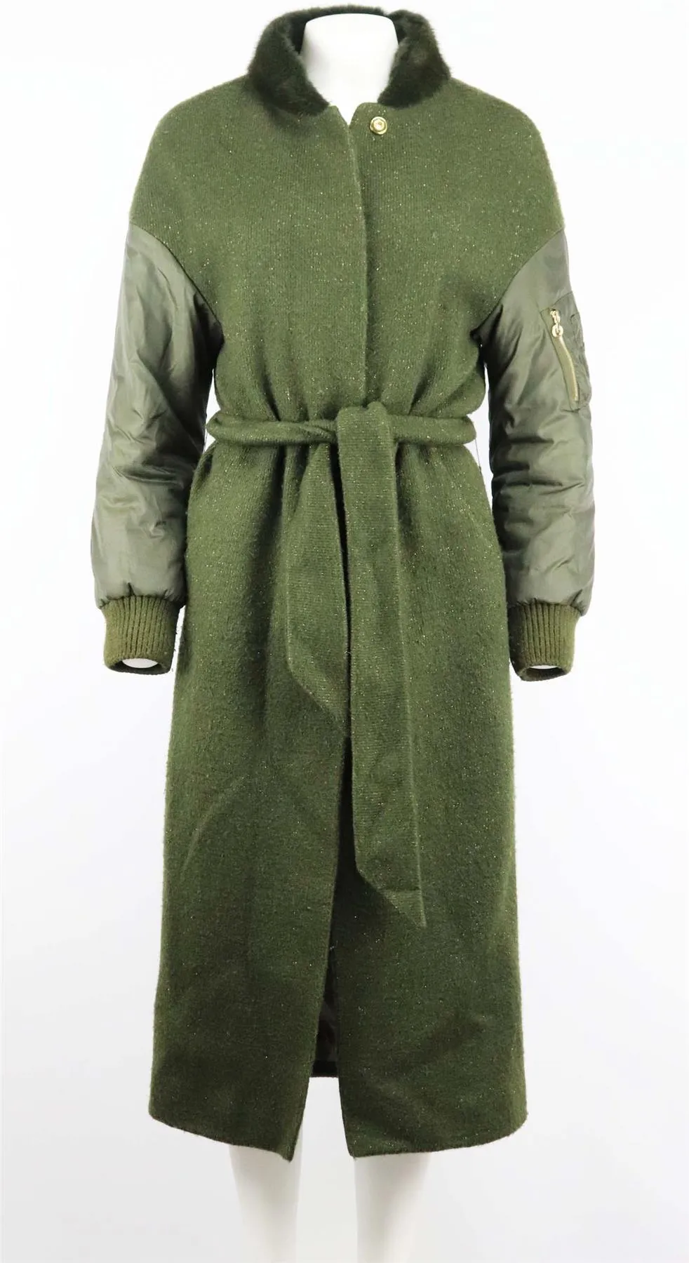 LILLY E VIOLETTA BELTED MINK TRIMMED WOOL KNIT COAT SMALL