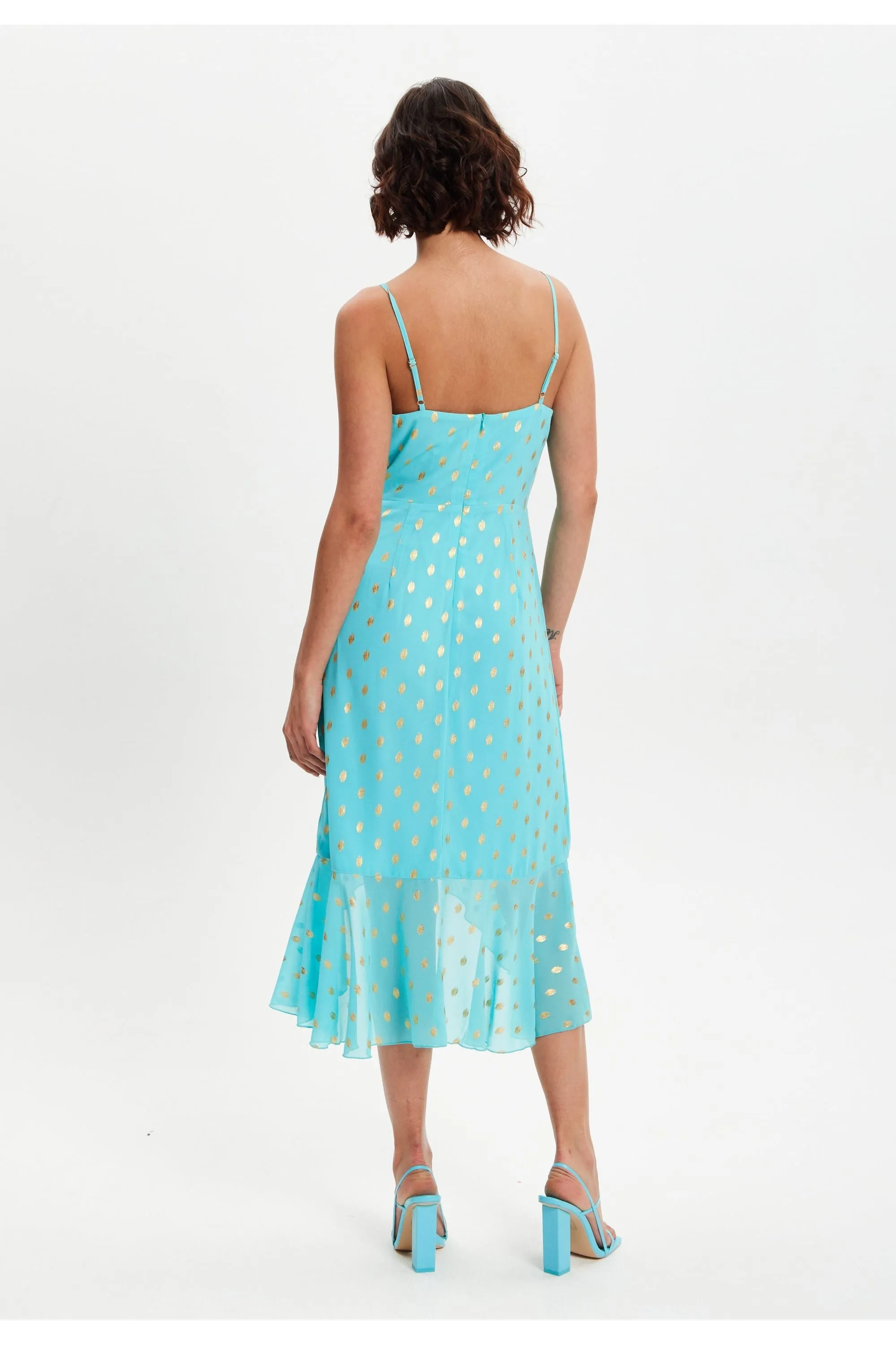 Liquorish Double Breasted Frilled Gold Print Midi Dress