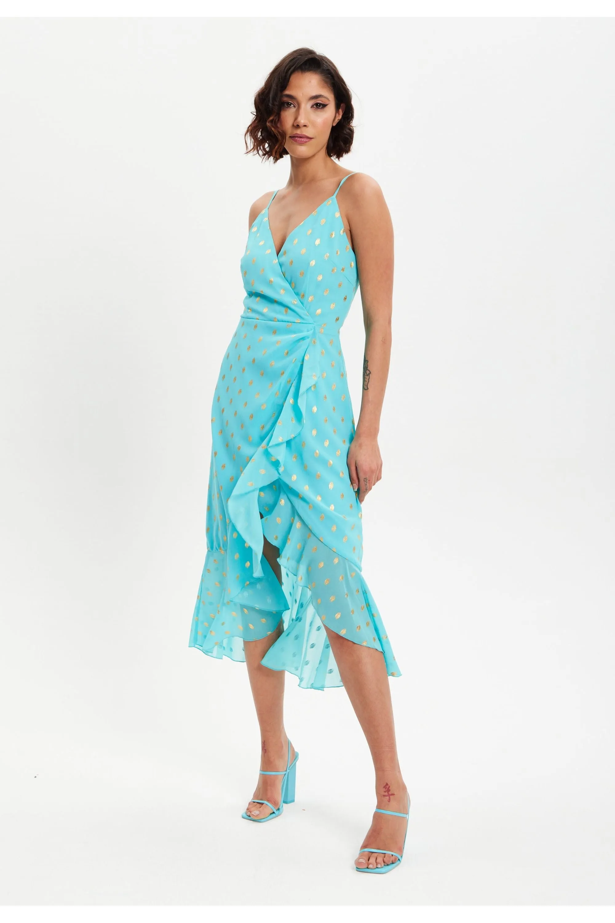 Liquorish Double Breasted Frilled Gold Print Midi Dress