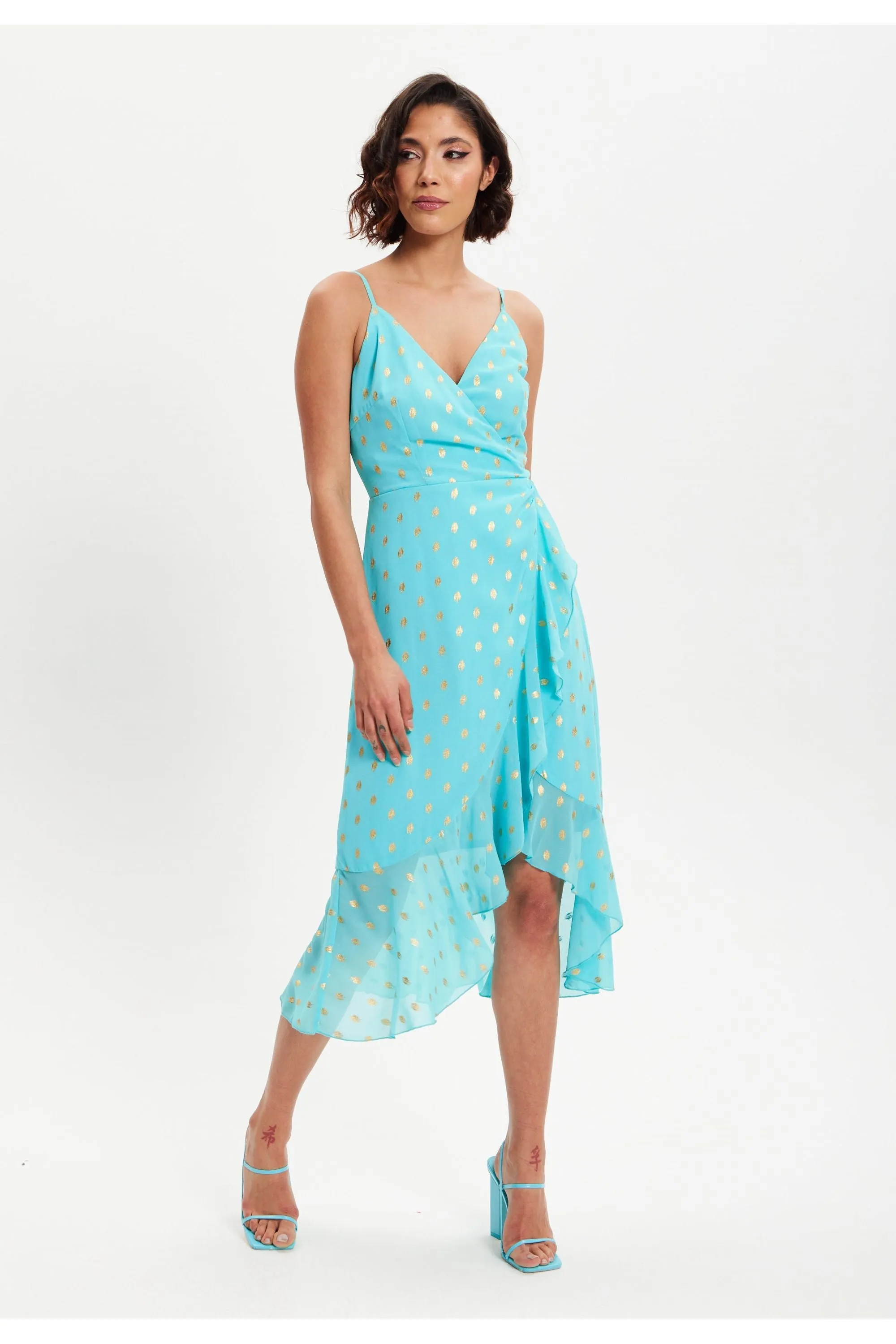 Liquorish Double Breasted Frilled Gold Print Midi Dress