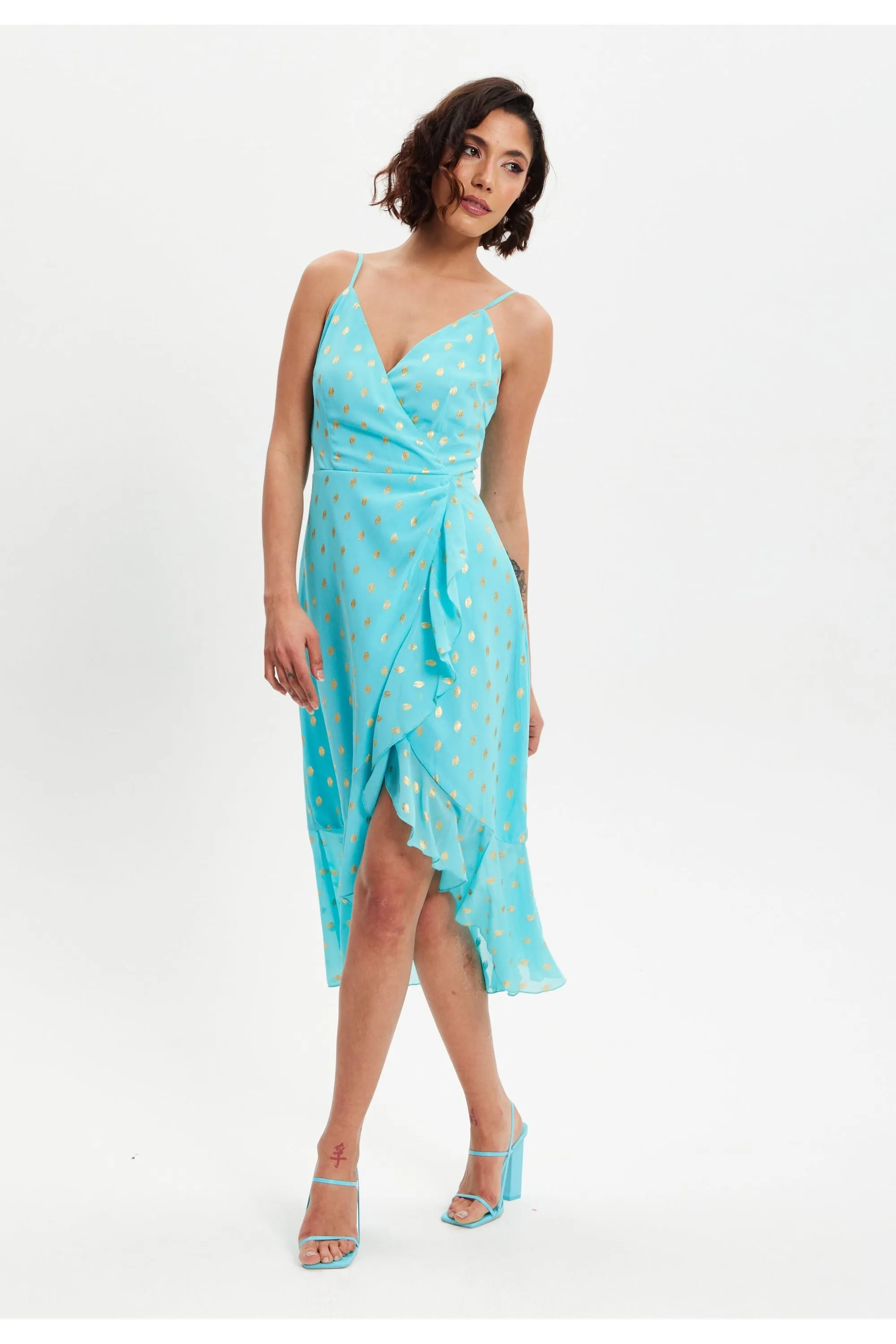 Liquorish Double Breasted Frilled Gold Print Midi Dress