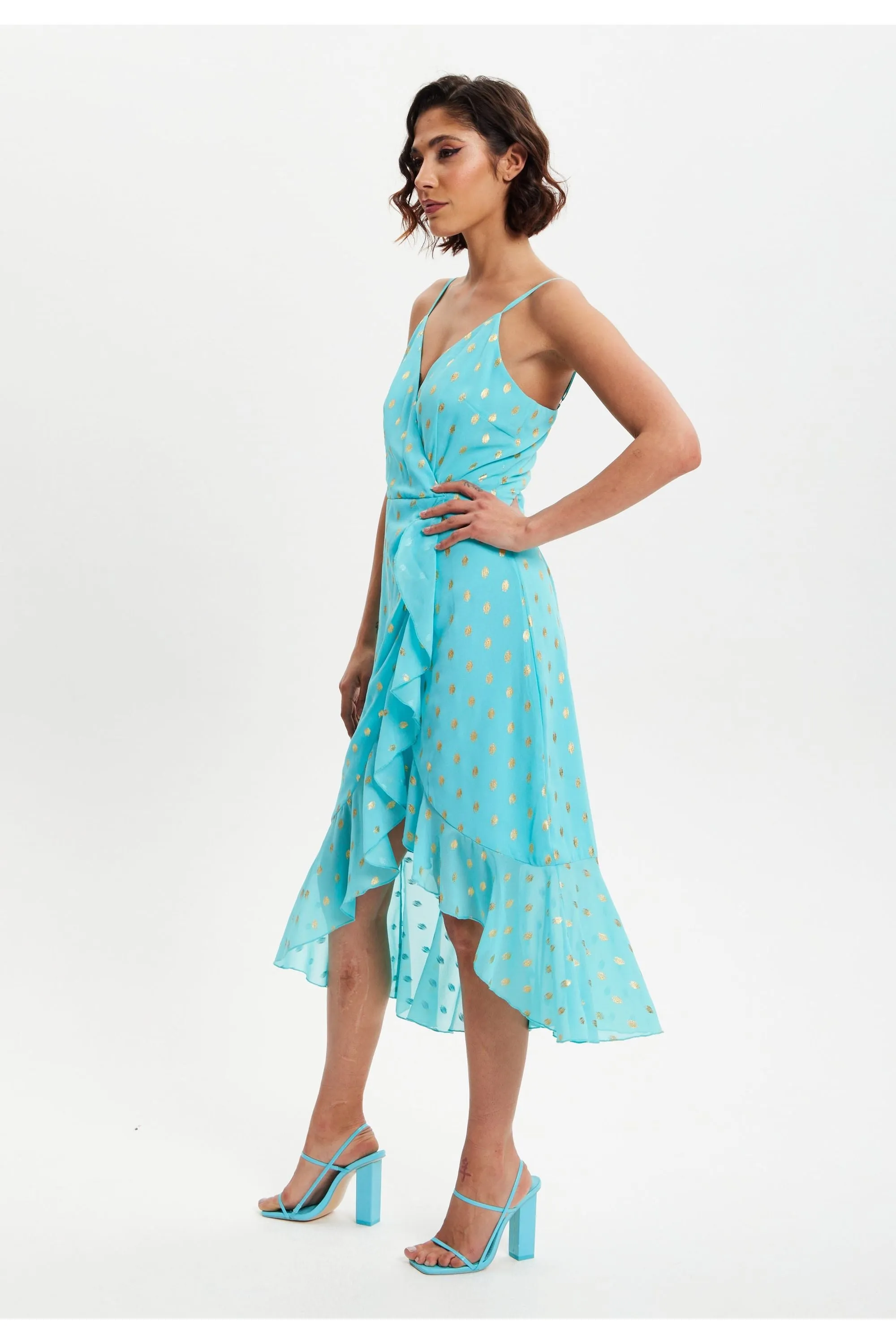Liquorish Double Breasted Frilled Gold Print Midi Dress