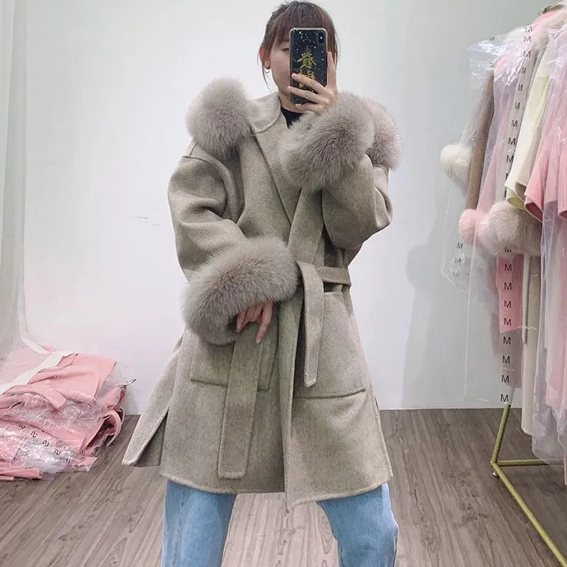 Loose Hooded Wool Blended Autumn Coat Women With Real Fox Fur Hood Trim Women Long Sleeve Female Wool Jacket With Hood With Fur