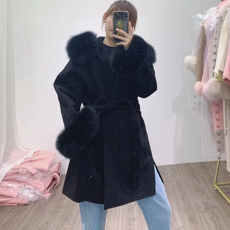 Loose Hooded Wool Blended Autumn Coat Women With Real Fox Fur Hood Trim Women Long Sleeve Female Wool Jacket With Hood With Fur