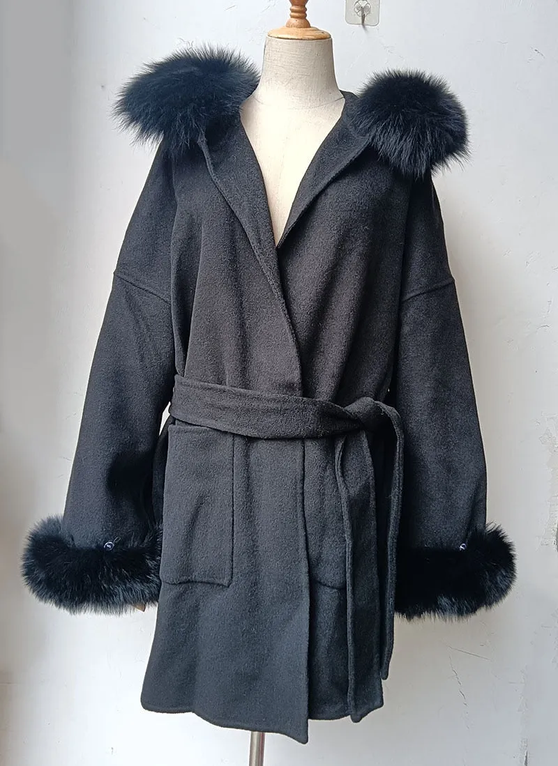 Loose Hooded Wool Blended Autumn Coat Women With Real Fox Fur Hood Trim Women Long Sleeve Female Wool Jacket With Hood With Fur