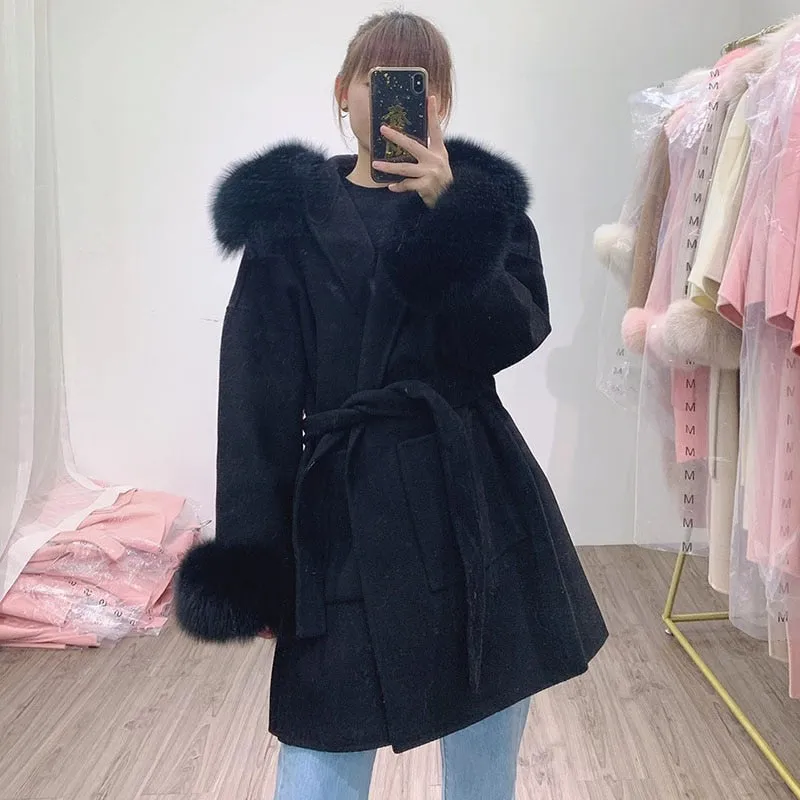Loose Hooded Wool Blended Autumn Coat Women With Real Fox Fur Hood Trim Women Long Sleeve Female Wool Jacket With Hood With Fur