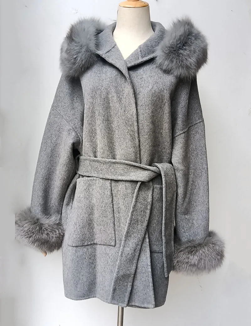 Loose Hooded Wool Blended Autumn Coat Women With Real Fox Fur Hood Trim Women Long Sleeve Female Wool Jacket With Hood With Fur