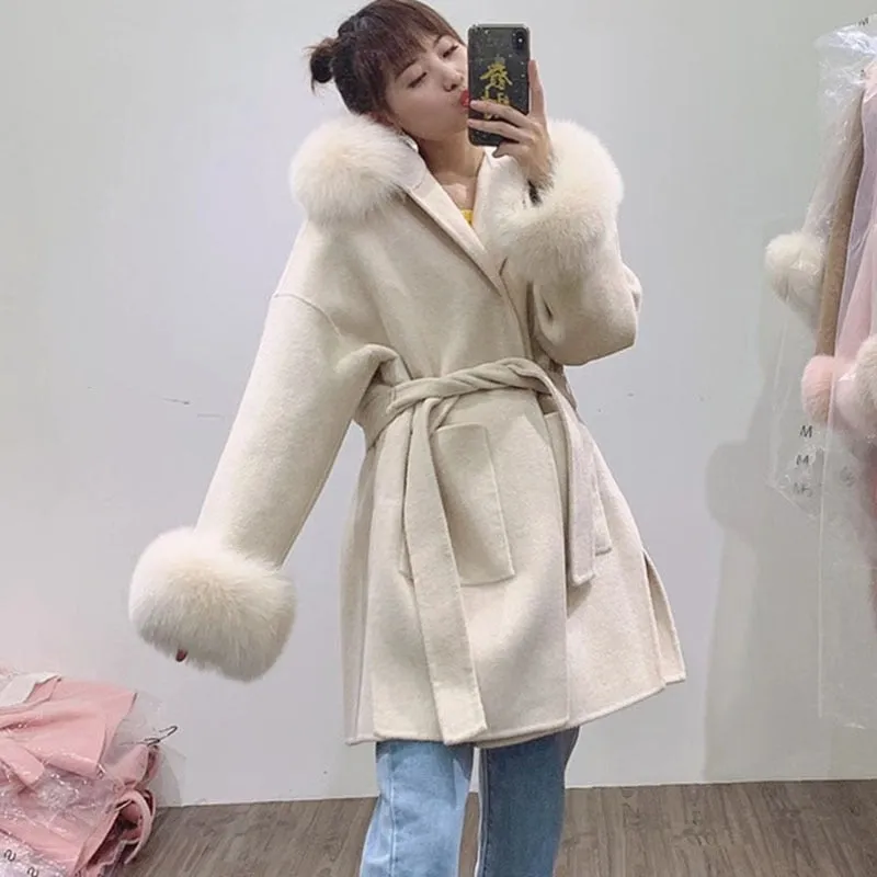 Loose Hooded Wool Blended Autumn Coat Women With Real Fox Fur Hood Trim Women Long Sleeve Female Wool Jacket With Hood With Fur
