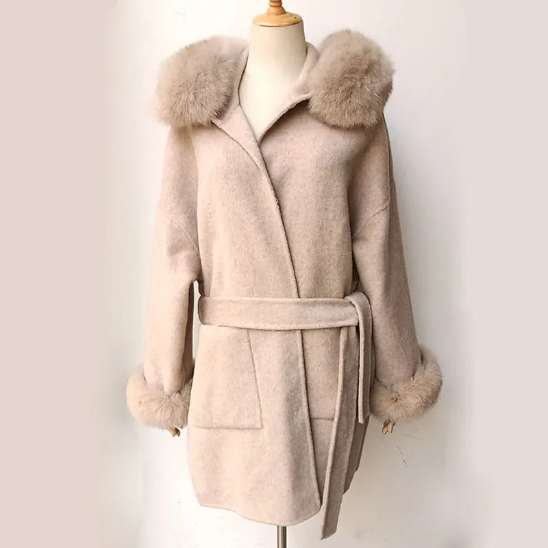 Loose Hooded Wool Blended Autumn Coat Women With Real Fox Fur Hood Trim Women Long Sleeve Female Wool Jacket With Hood With Fur