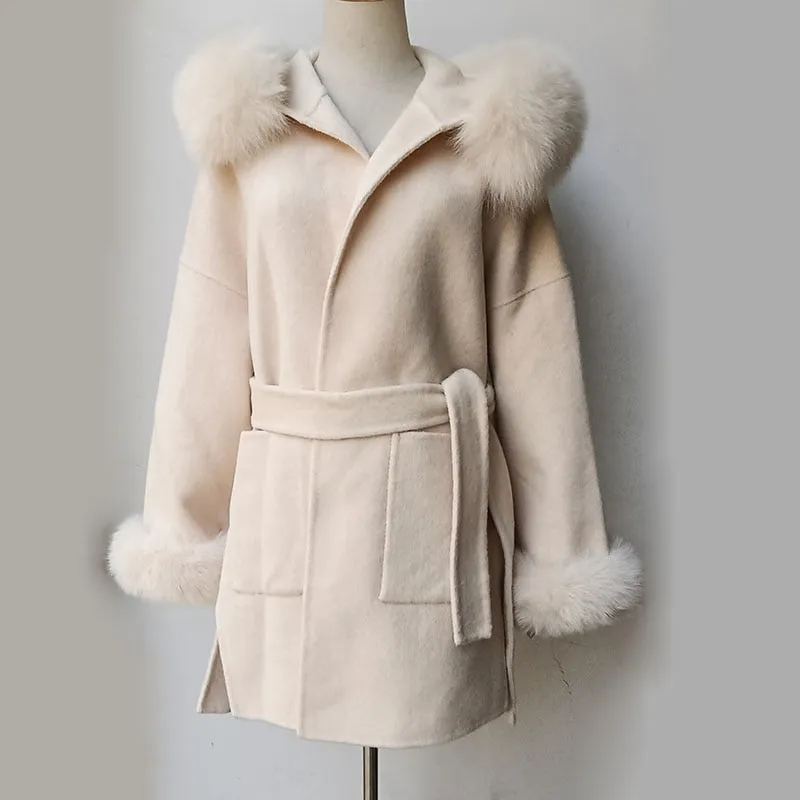 Loose Hooded Wool Blended Autumn Coat Women With Real Fox Fur Hood Trim Women Long Sleeve Female Wool Jacket With Hood With Fur
