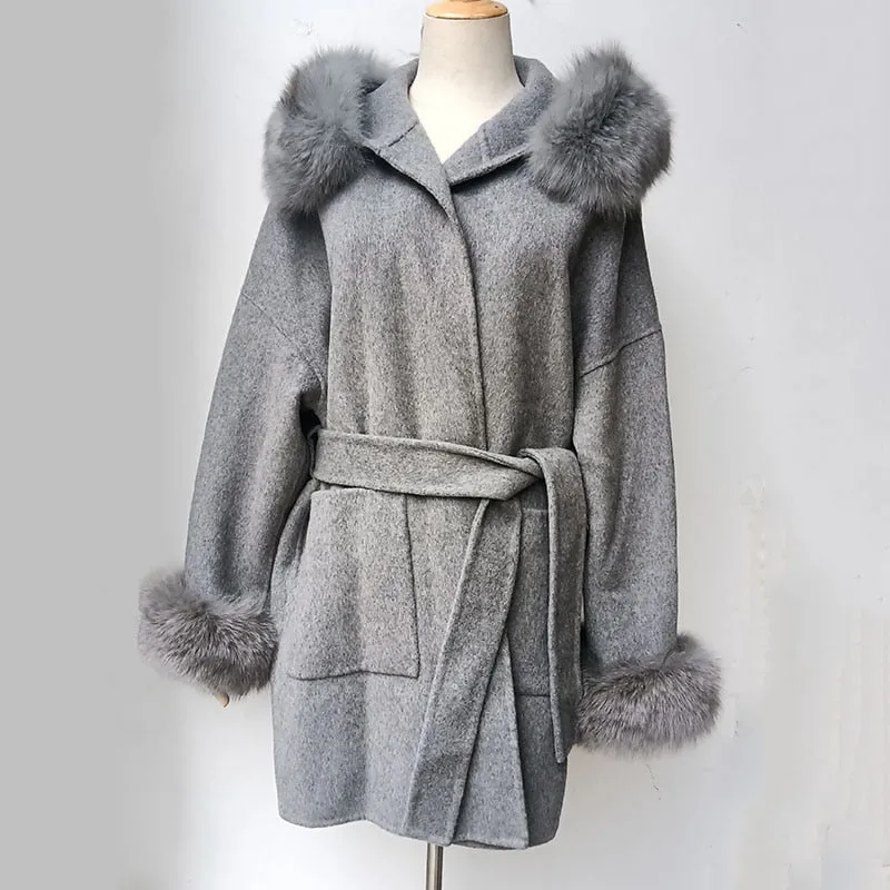 Loose Hooded Wool Blended Autumn Coat Women With Real Fox Fur Hood Trim Women Long Sleeve Female Wool Jacket With Hood With Fur