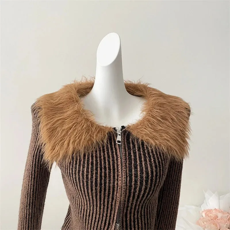 Nukty Cropped Jacket Women Winter Warm Fur Trim Button Up Top Streetwear Harajuku Vintage Long Sleeve Brown Jackets Coat