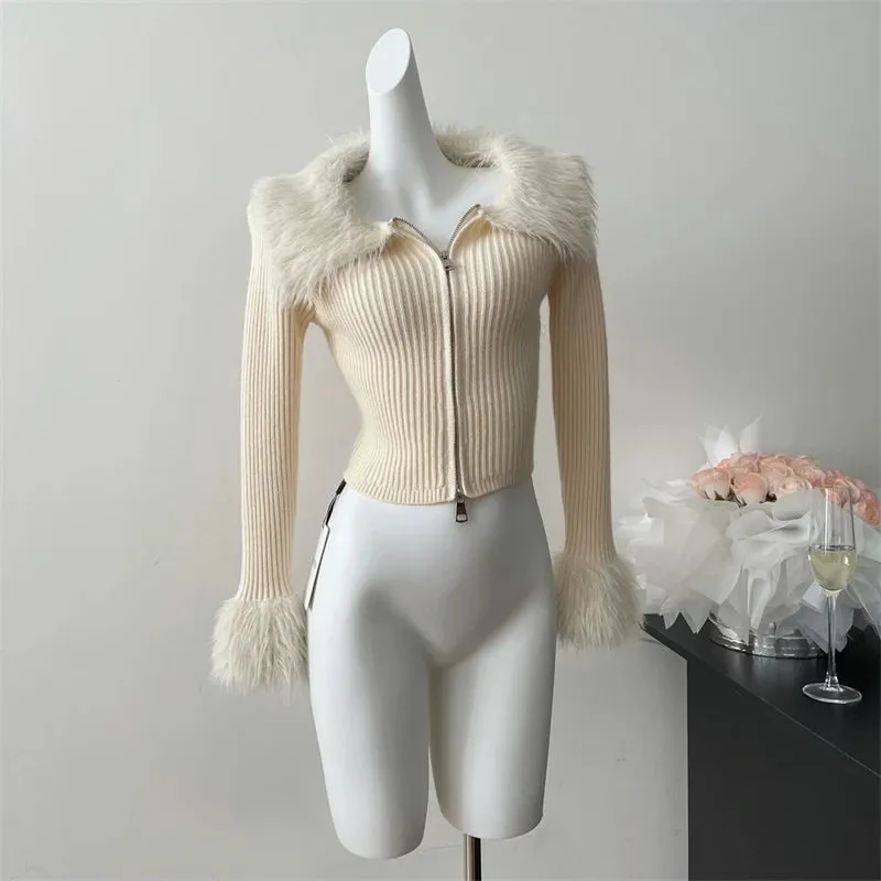 Nukty Cropped Jacket Women Winter Warm Fur Trim Button Up Top Streetwear Harajuku Vintage Long Sleeve Brown Jackets Coat