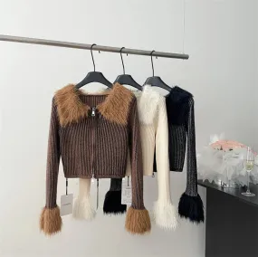 Nukty Cropped Jacket Women Winter Warm Fur Trim Button Up Top Streetwear Harajuku Vintage Long Sleeve Brown Jackets Coat