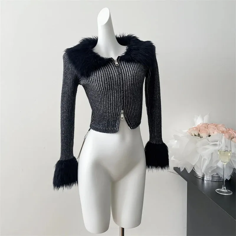 Nukty Cropped Jacket Women Winter Warm Fur Trim Button Up Top Streetwear Harajuku Vintage Long Sleeve Brown Jackets Coat