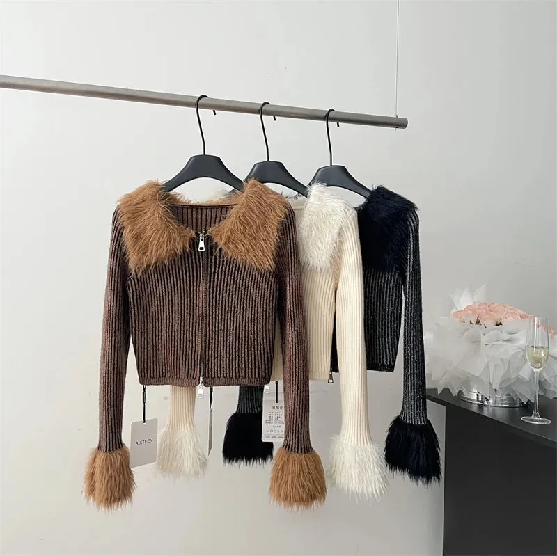 Nukty Cropped Jacket Women Winter Warm Fur Trim Button Up Top Streetwear Harajuku Vintage Long Sleeve Brown Jackets Coat
