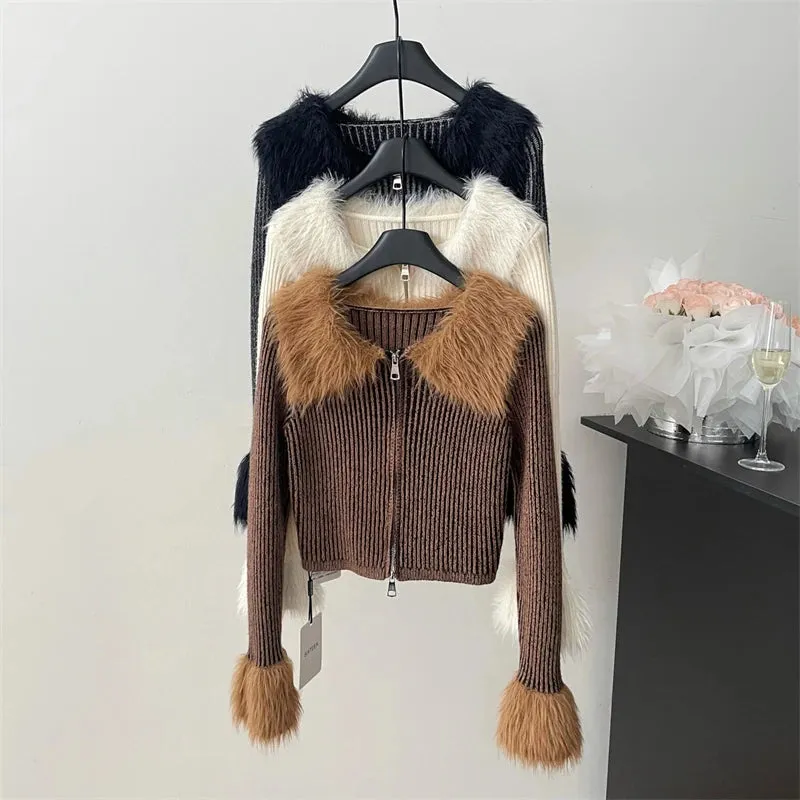 Nukty Cropped Jacket Women Winter Warm Fur Trim Button Up Top Streetwear Harajuku Vintage Long Sleeve Brown Jackets Coat