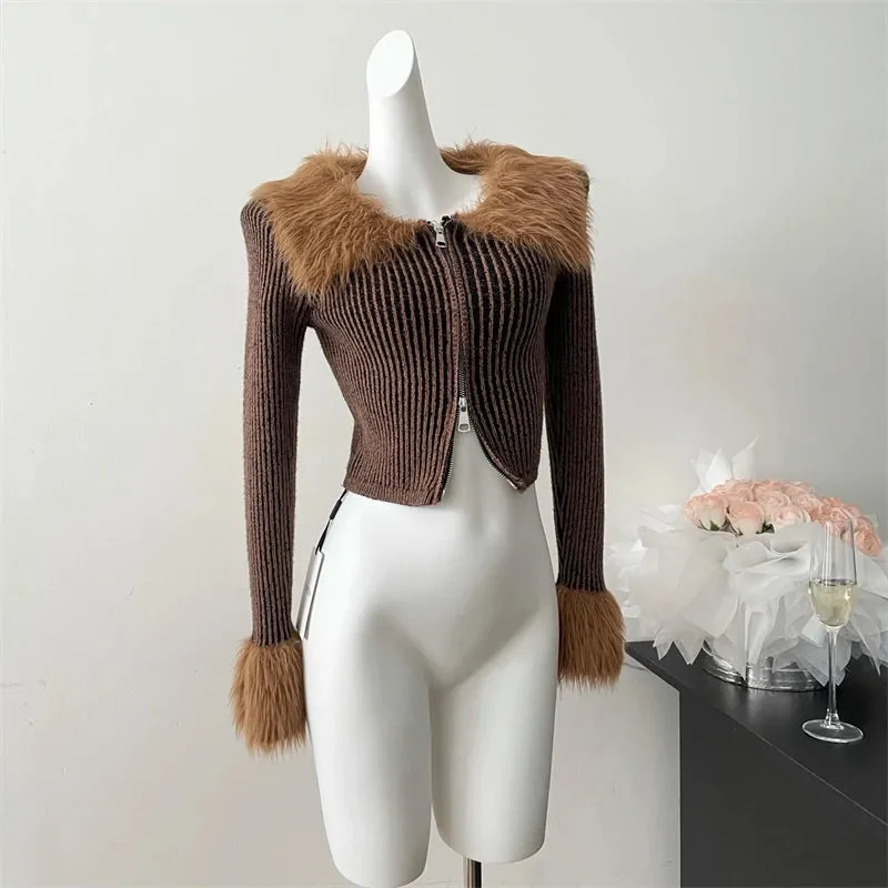 Nukty Cropped Jacket Women Winter Warm Fur Trim Button Up Top Streetwear Harajuku Vintage Long Sleeve Brown Jackets Coat