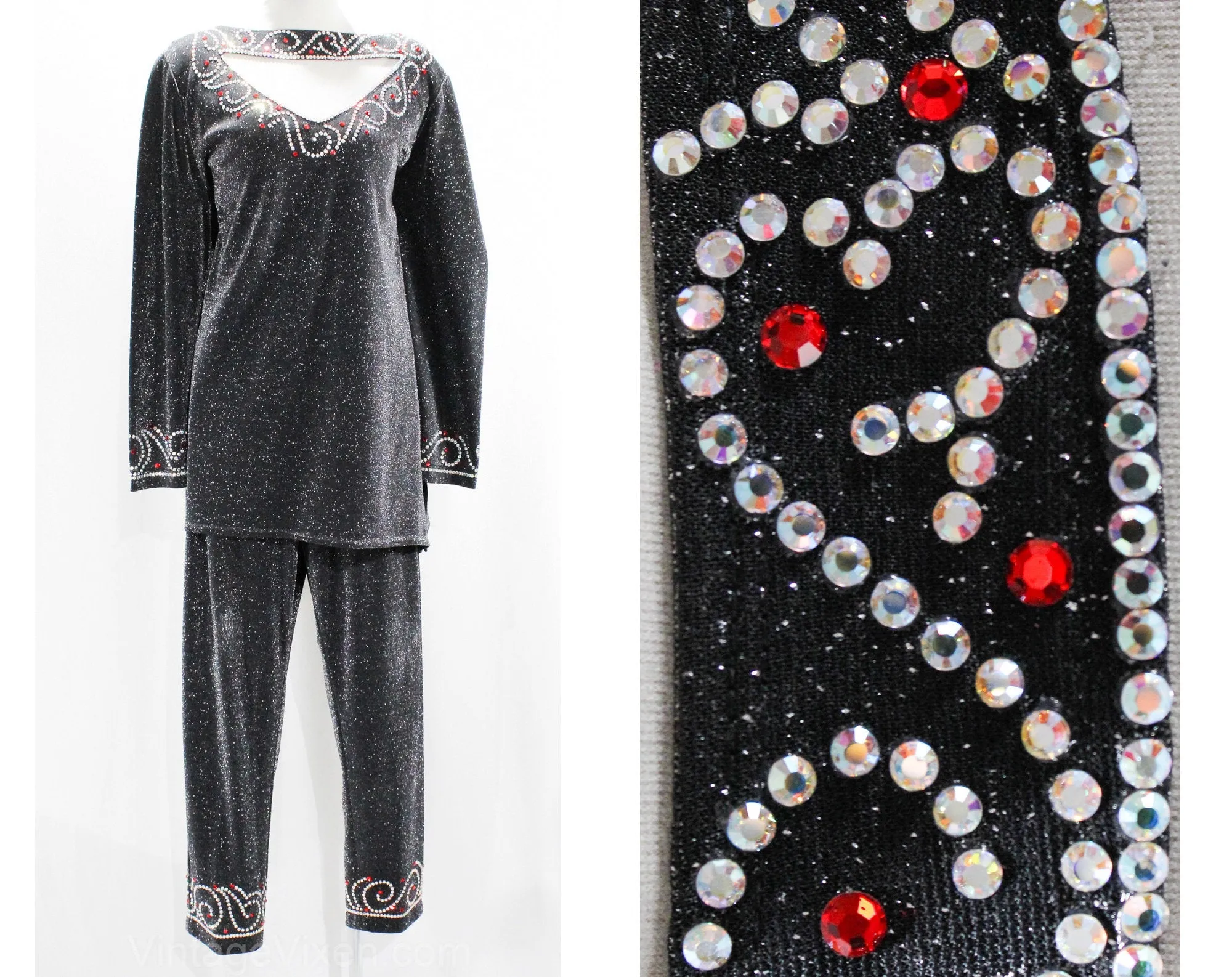 Size 18 Disco Pant Suit - Plus Size 1970s Glitz & Glamour - 70s Silver Red Sparkle Knit Tunic Shirt Pants - Long Sleeve Pantsuit - Bust 46